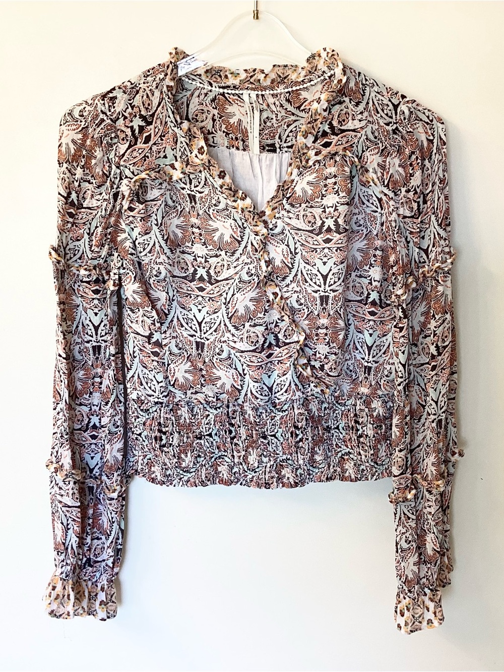 by Anthropologie Long Sleeve Cropped Paisley Smocked Hem Top - Mint/Brown - S